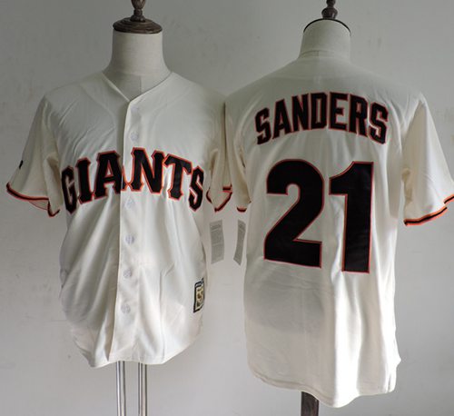 Mitchell And Ness Giants #21 Deion Sanders Cream Throwback Stitched MLB Jersey